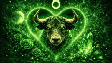 Ilustração mística do signo de Touro com um touro ao centro, envolto por um coração de energia verde, rosas, cristais e elementos mágicos em tons vibrantes de verde.
