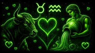 Ilustração em tons de verde com um touro (símbolo de Touro) e duas linhas horizontais paralelas em formato de ondas ou ziguezagues (símbolo de aquário) frente a frente, com um coração ao centro, representando a combinação amorosa entre eles