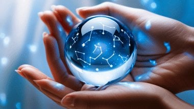 As mãos de uma mulher seguram uma bola de cristal.