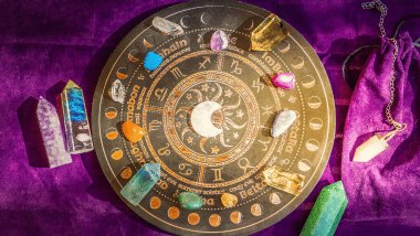 No foco da imagem, há uma Roda do Zodíaco com os símbolos dos signos e há cristais em cima dela.