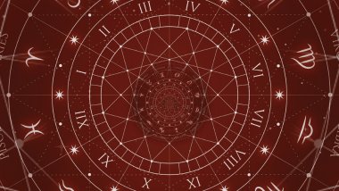 Ilustração circular em tons de vermelho com símbolos do zodíaco ao redor, linhas geométricas e números romanos, lembrando um mapa astrológico.