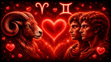 Ilustração em tons de vermelho com um carneiro (símbolo de Áries) e 2 rostos iguais (símbolo de Gêmeos) frente a frente, com um coração ao centro, representando a combinação amorosa entre eles