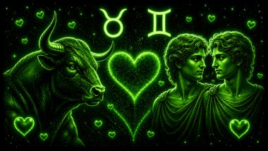 Ilustração em tons de verde com um touro (símbolo de Touro) e dois rostos iguais (símbolo de Gêmeos) frente a frente, com um coração ao centro, representando a combinação amorosa entre eles