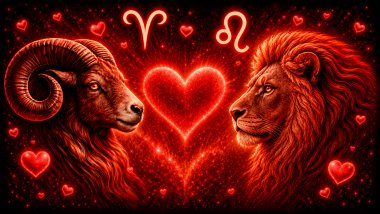 Ilustração em tons de vermelho com um carneiro (símbolo de Áries) e um leão (símbolo de leão), frente a frente, com um coração ao centro, representando a combinação amorosa entre eles