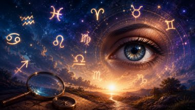 Olho místico cercado por símbolos de signos em um céu estrelado, com amanhecer, bússola e lupa ao fundo.