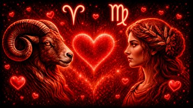 Ilustração em tons de vermelho com um carneiro (símbolo de Áries) e a letra M estilizada (símbolo de virgem) frente a frente, com um coração ao centro, representando a combinação amorosa entre eles