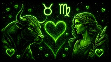 Ilustração em tons de verde com um touro (símbolo de Touro) e a letra M estilizada (símbolo de virgem) frente a frente, com um coração ao centro, representando a combinação amorosa entre eles