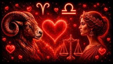 Ilustração em tons de vermelho com um carneiro (símbolo de Áries) e uma balança (símbolo de Libra) frente a frente, com um coração ao centro, representando a combinação amorosa entre eles