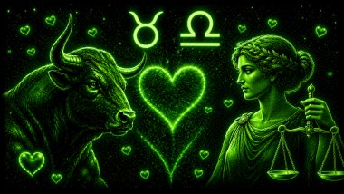 Ilustração em tons de verde com um touro (símbolo de Touro) e uma mulher segurando uma balança (símbolo de libra)frente a frente, com um coração ao centro, representando a combinação amorosa entre eles