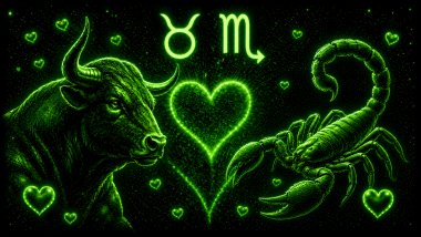 Ilustração em tons de verde com um touro (símbolo de Touro) e a letra M estilizada e mais um escorpião (símbolo de escorpião)frente a frente, com um coração ao centro, representando a combinação amorosa entre eles