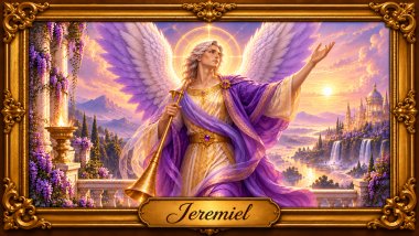 Arcanjo Jeremiel com asas branco-arroxeadas, túnica dourada e manto lilás, segurando uma trombeta dourada em cenário celestial com moldura barroca.