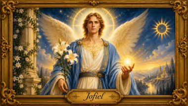 Arcanjo Jofiel com manto azul-claro, asas brancas e halo dourado, segurando lírios e uma esfera luminosa em uma moldura barroca dourada.
