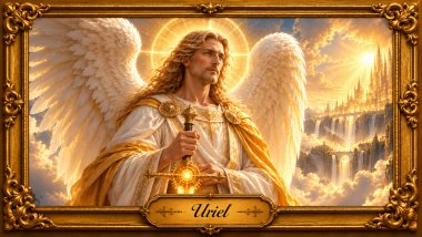 Arcanjo Uriel com cabelos loiros, túnica branca e dourada, asas brancas e espada luminosa, diante de uma cidade celestial emoldurada em ouro barroco.