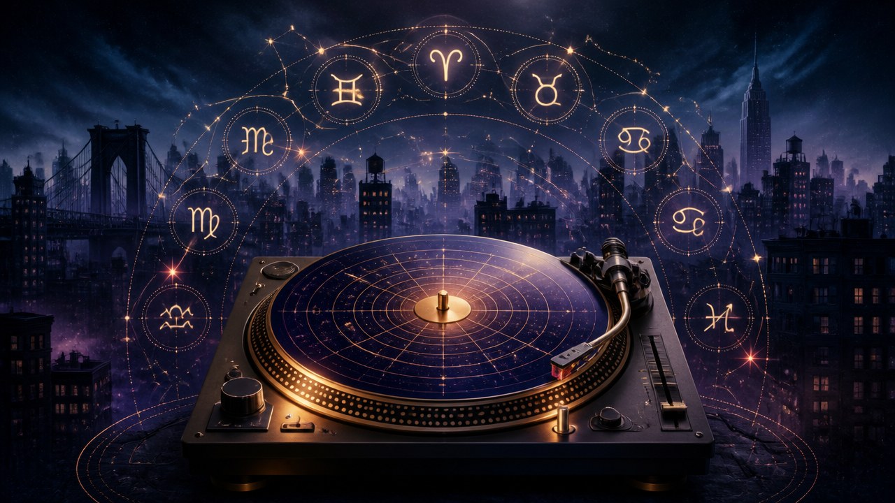 Arte editorial mística sobre O cantor de hip hop de cada signo