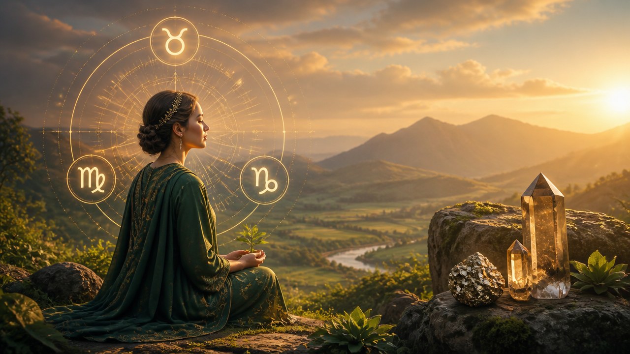 Mulher meditando em paisagem montanhosa ao pôr do sol com símbolos dos signos de Terra ao redor
