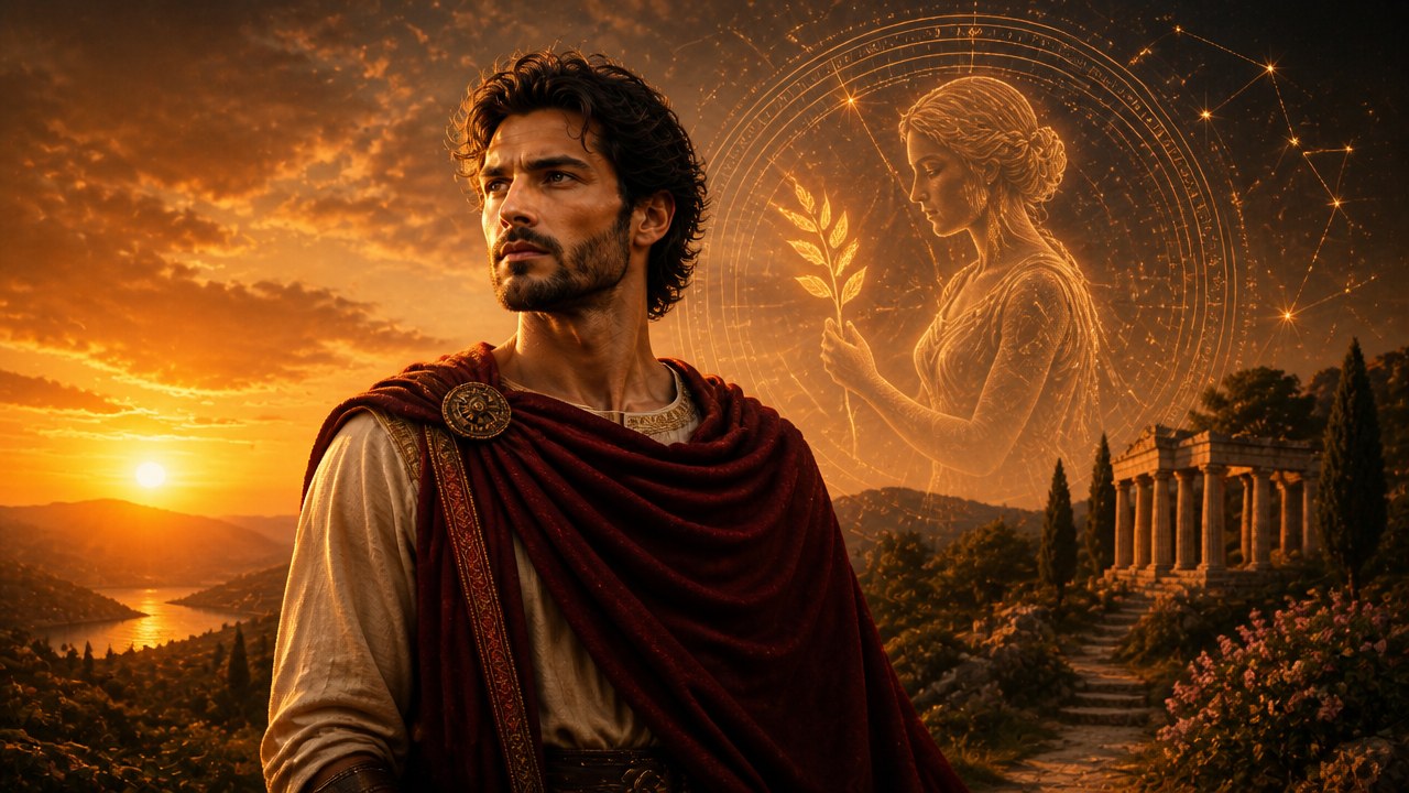 Homem com roupa antiga e capa vermelha ao pôr do sol, com figura feminina dourada, simbolizando o signo de virgem e um templo ao fundo