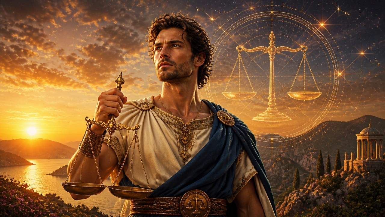 Homem com roupa antiga segurando uma balança dourada, gligo do signo de virgem. Ao fundo, o pôr do sol com cenário de cidade antiga.