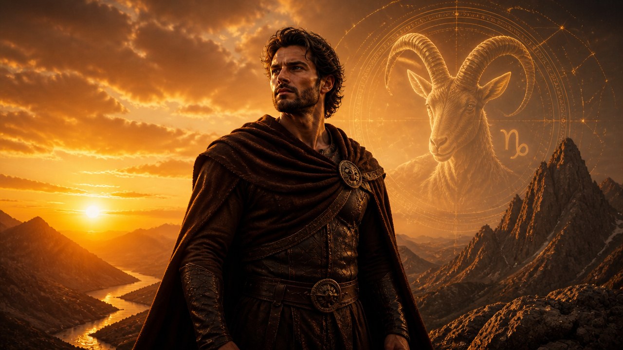 Homem sério com roupa antiga em paisagem montanhosa ao pôr do sol, com o símbolo do signo de capricórnio ao fundo