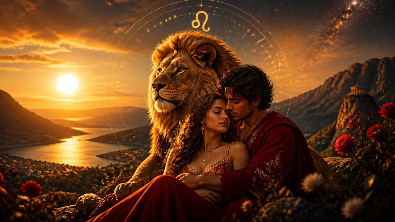Casal abraçado ao pôr do sol com um leão majestoso e símbolo de Leão ao fundo da imagem em destaque.