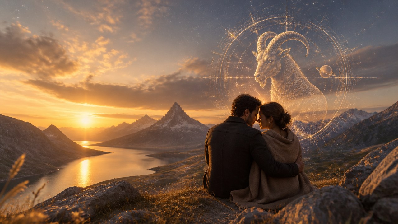 Casal abraçado observando o pôr do sol em montanhas com o símbolo de Capricórnio no céu