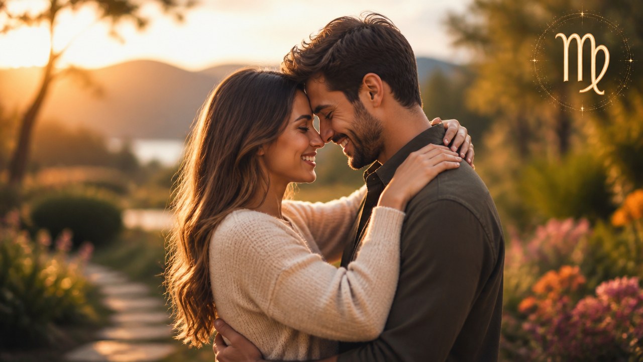 Casal abraçado e sorridente em ambiente ao ar livre ao pôr do sol, com símbolo de Virgem no canto superior direito da tela