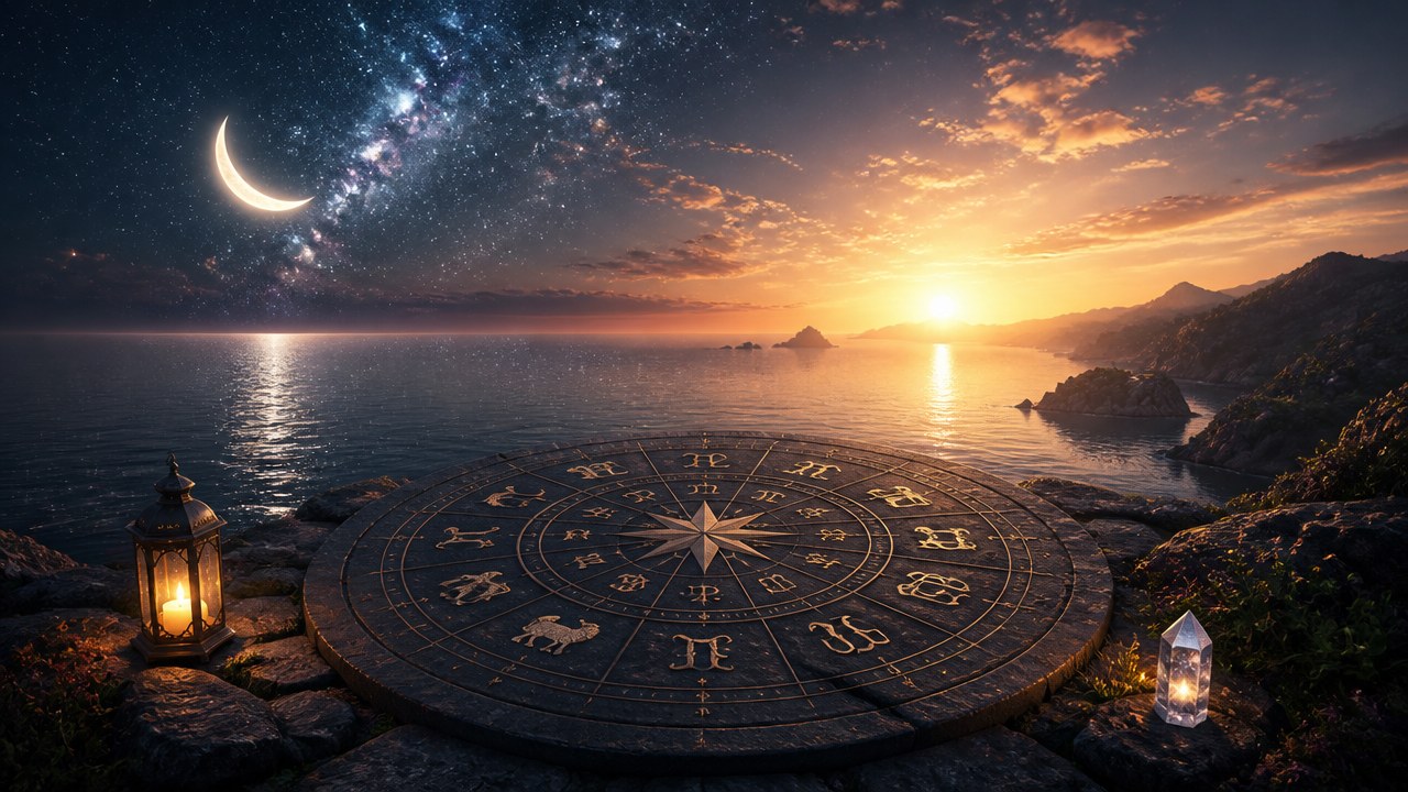 Roda dos signos do zodíaco em pedra à beira-mar com céu estrelado, lua crescente e pôr do sol