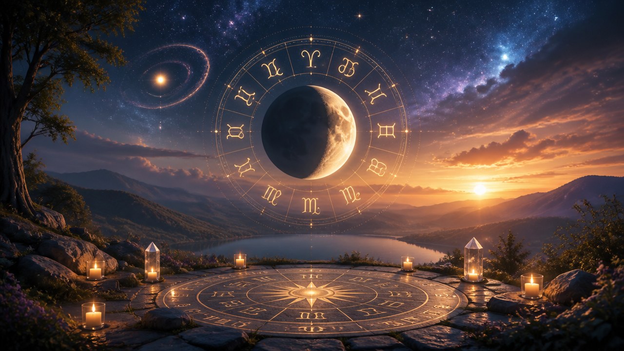 Paisagem ao entardecer com círculo zodiacal iluminado e lua crescente no centro do céu estrelado