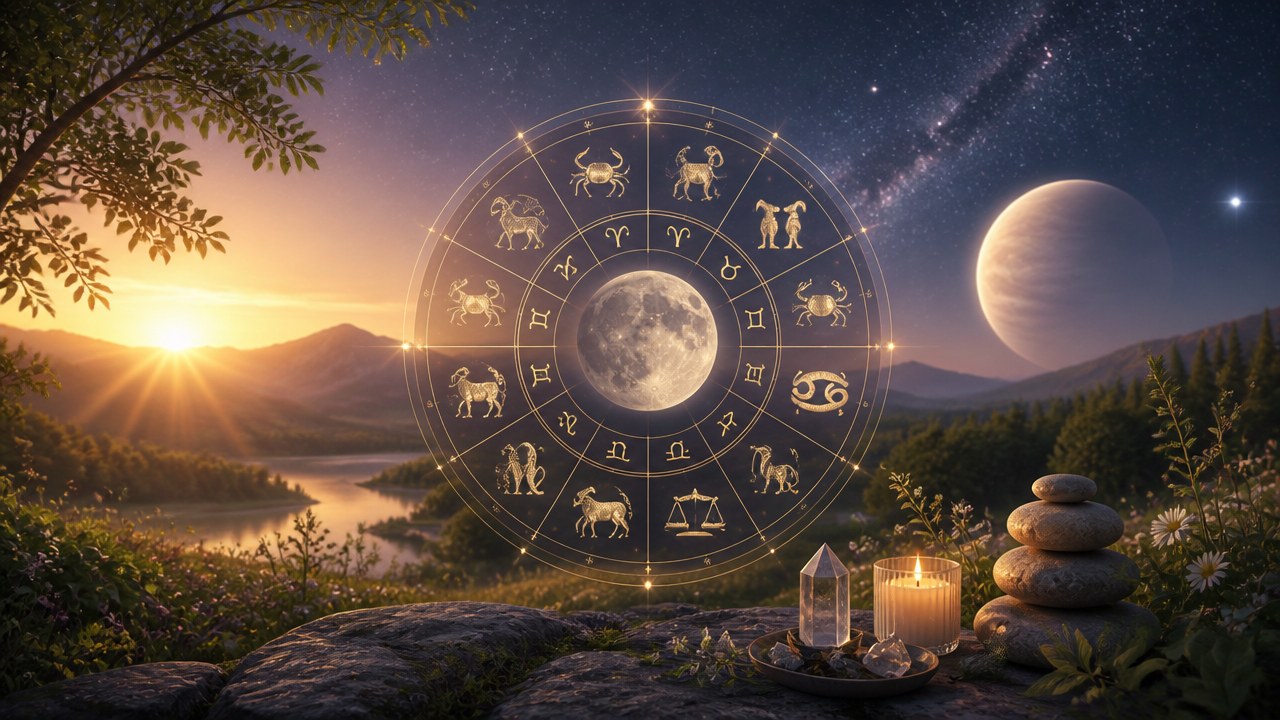 Círculo com símbolos dos signos do zodíaco ao redor da lua, com paisagem de montanhas, árvores e pôr do sol ao fundo