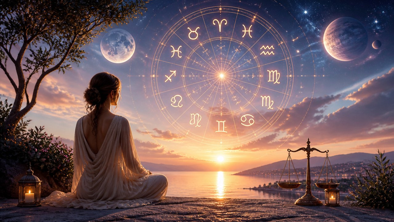 Mulher sentada de costas observando o pôr do sol com roda dos signos do zodíaco no céu