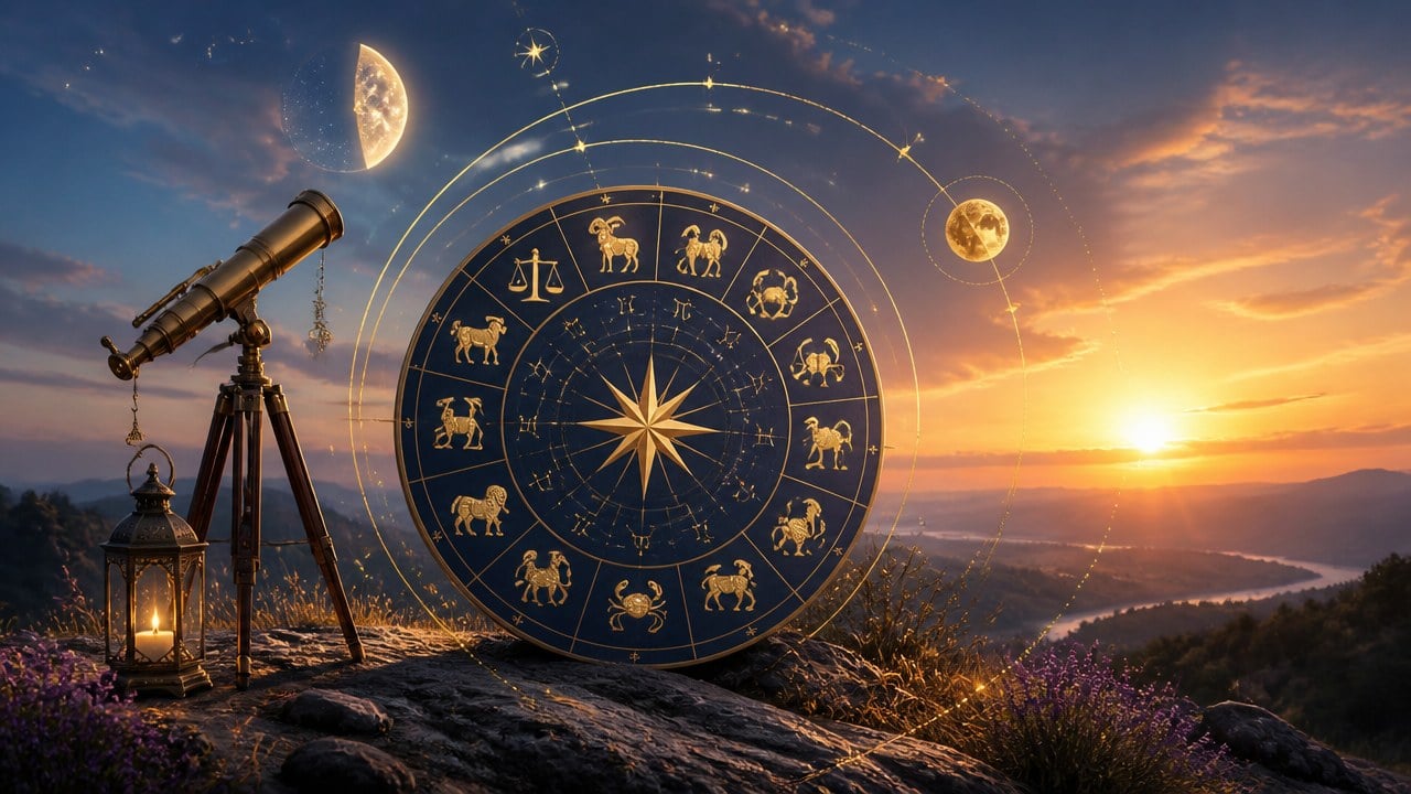 Roda dos signos do zodíaco com símbolos dourados ao pôr do sol, telescópio e lanterna sobre pedras