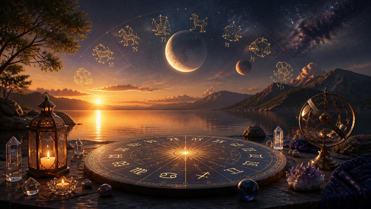 Círculo com signos do zodíaco em mesa ao pôr do sol com céu estrelado e elementos místicos ao redor