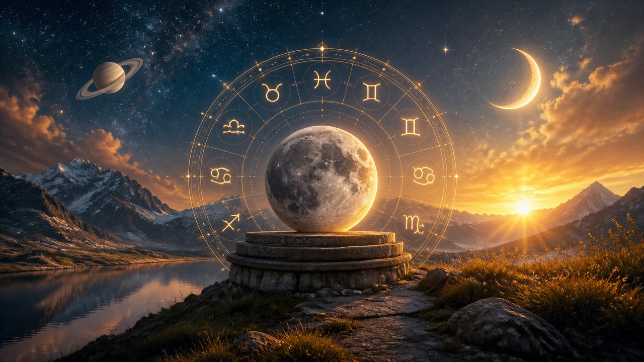 Lua cheia em pedestal com círculo dos signos do zodíaco ao fundo de montanhas e céu estrelado