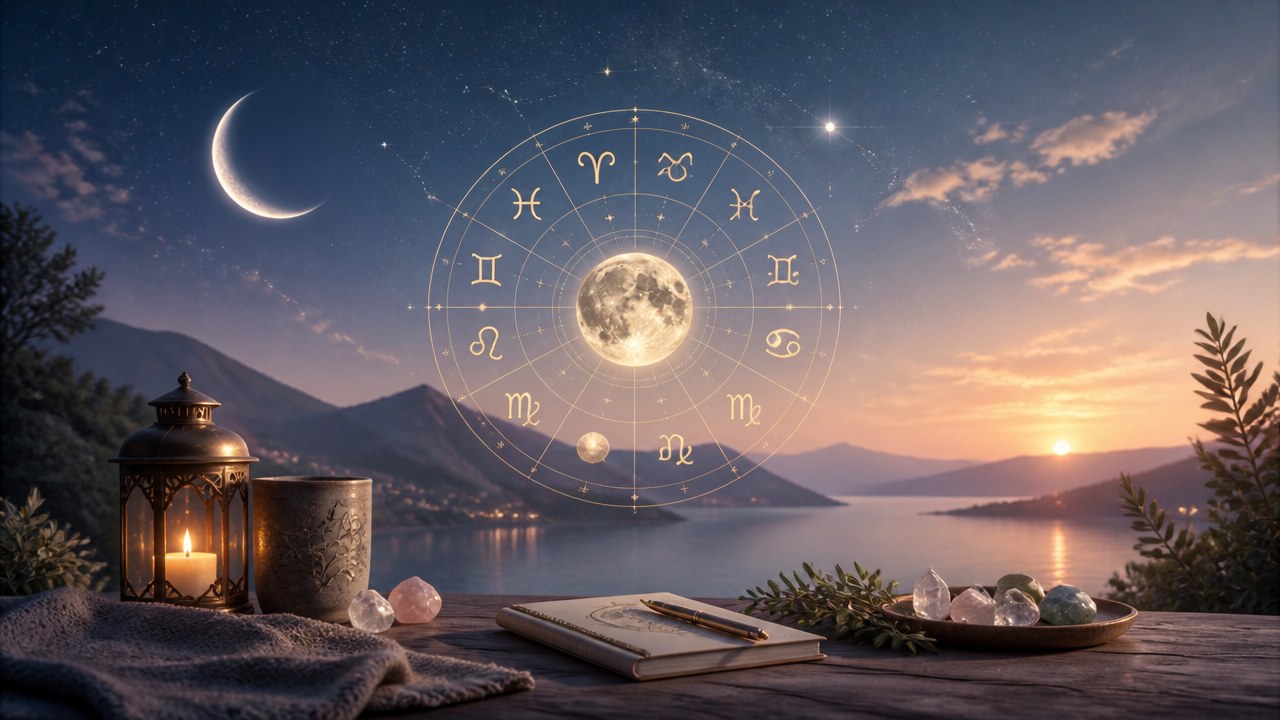 Lua crescente, signos do zodíaco em círculo, vela acesa, caderno e cristais sobre mesa com paisagem ao entardecer