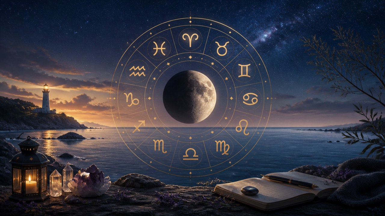 Lua crescente no centro de círculo com signos do zodíaco sobre paisagem noturna com mar e farol ao fundo