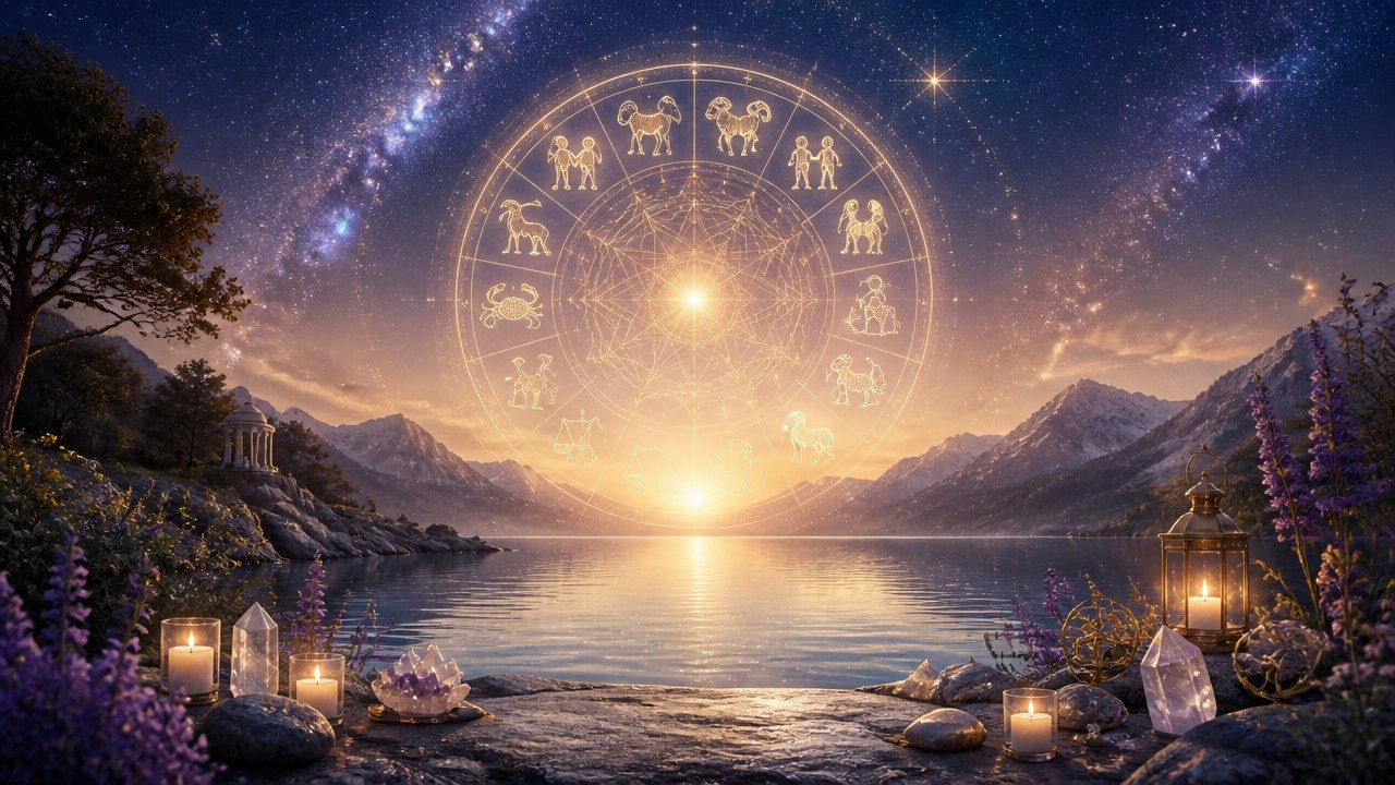 Céu estrelado com constelações do zodíaco sobre lago cercado por montanhas e velas acesas na margem