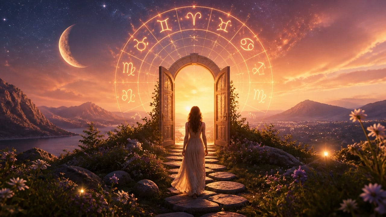Mulher de costas diante de porta aberta com signos do zodíaco iluminados ao pôr do sol