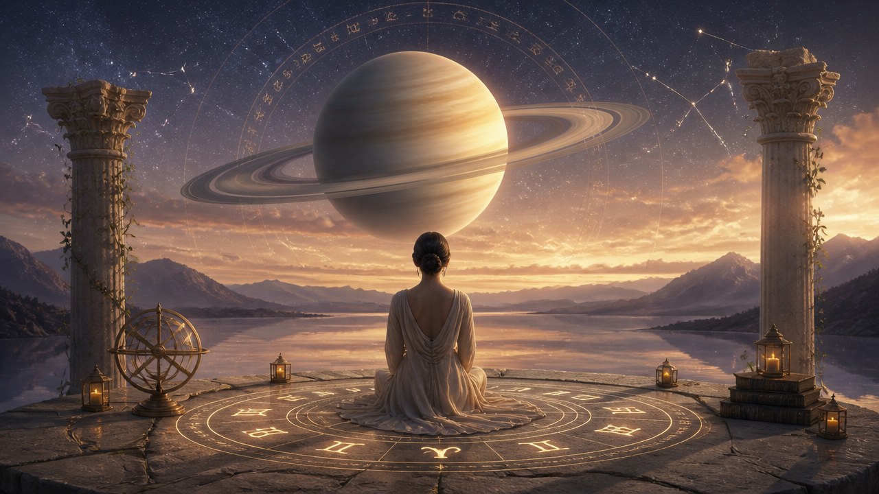 Pessoa sentada de costas em círculo zodiacal com planeta Saturno ao fundo entre colunas antigas
