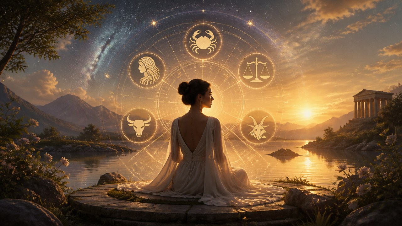 Mulher sentada de costas com símbolos de signos do zodíaco ao redor em cenário ao pôr do sol