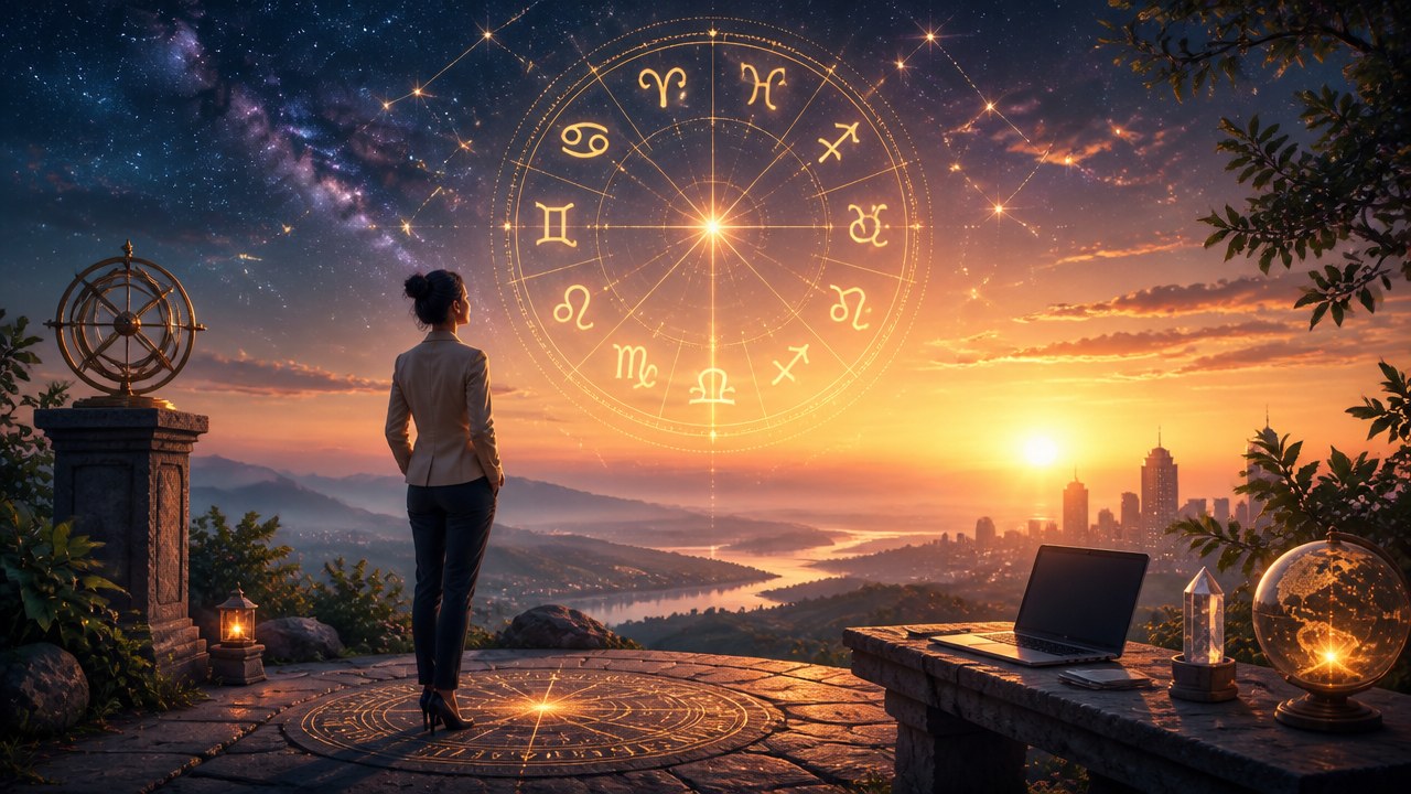 Pessoa observa horizonte ao pôr do sol com mapa astral e símbolos dos signos zodiacais no céu