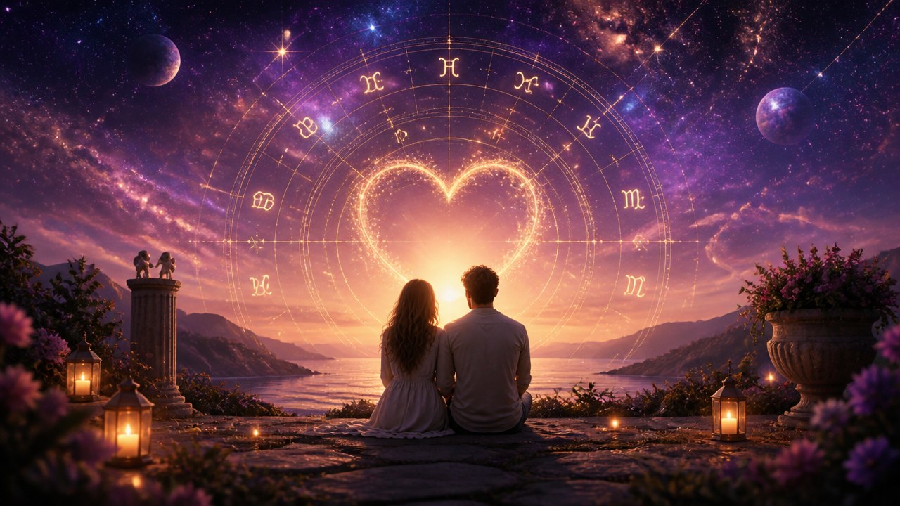 Casal sentado de costas observando céu estrelado com signos do zodíaco e coração brilhante ao centro