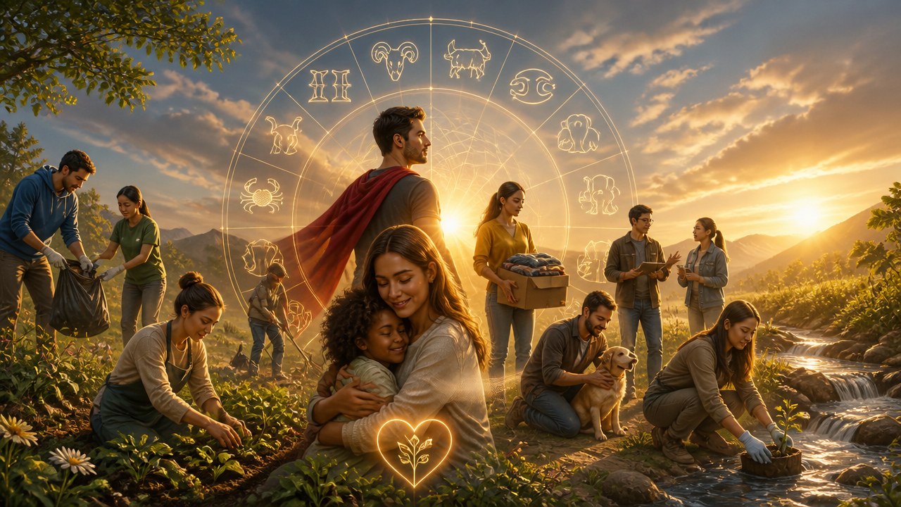 Pessoas voluntárias limpando e cuidando da natureza ao pôr do sol com símbolos do zodíaco ao fundo
