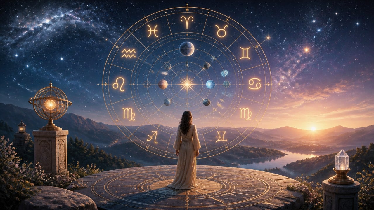 Pessoa em pé diante de círculo zodiacal luminoso com símbolos dos signos e planetas, sob céu estrelado ao pôr do sol
