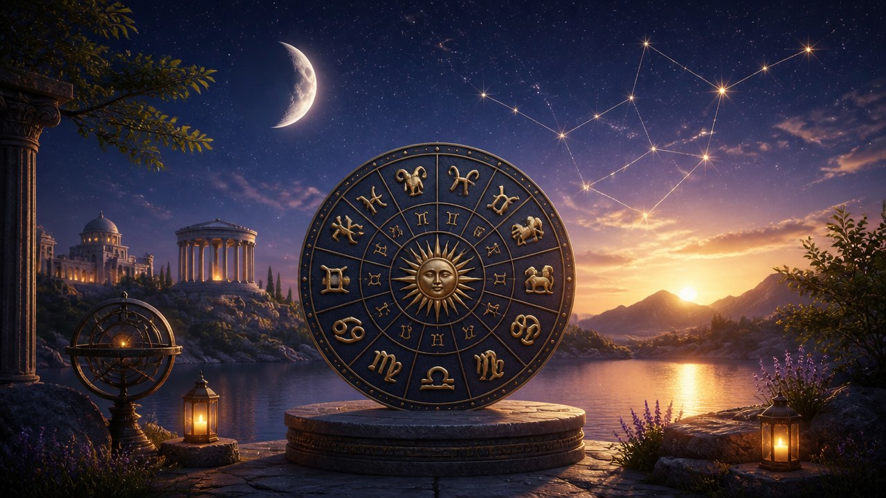 Roda dos signos do zodíaco com constelações, lua crescente e paisagem ao entardecer com lagos e montanhas
