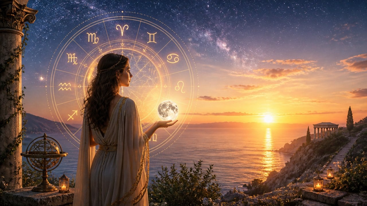 Mulher segurando a lua com signos do zodíaco ao fundo e pôr do sol no mar