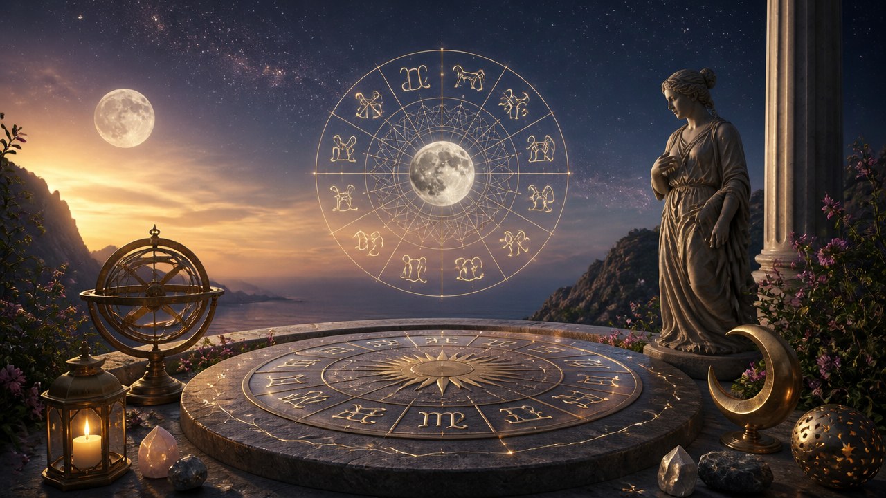 Círculo zodiacal iluminado sobre paisagem ao entardecer com estátua, coluna, lampião e objetos astrológicos