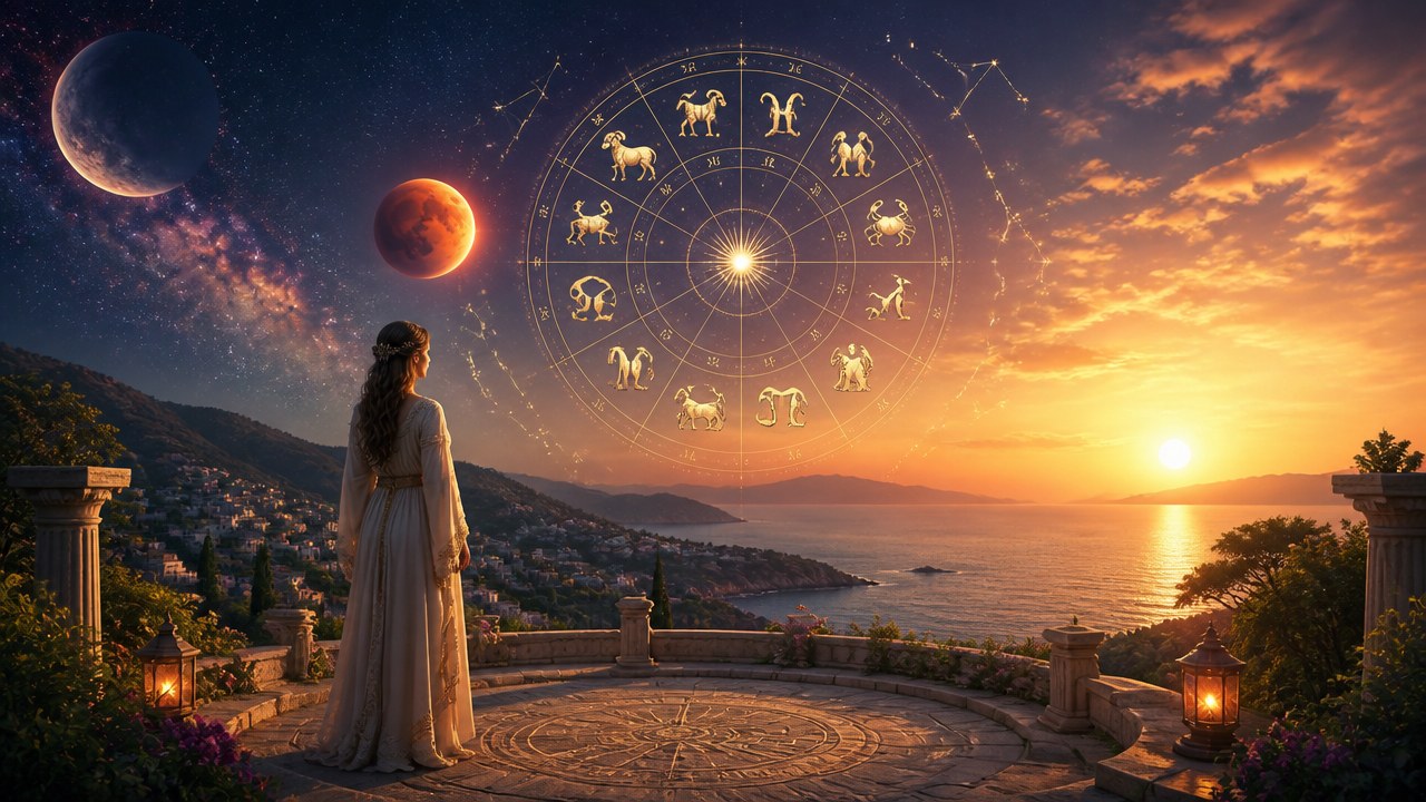Mulher de vestido longo observa signos do zodíaco brilhando no céu ao pôr do sol à beira-mar