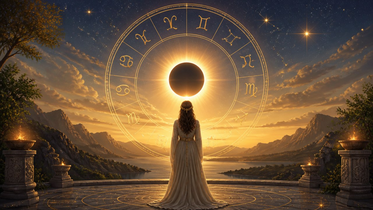 Mulher de costas olhando para eclipse solar com círculo dos signos do zodíaco ao redor no céu ao pôr do sol