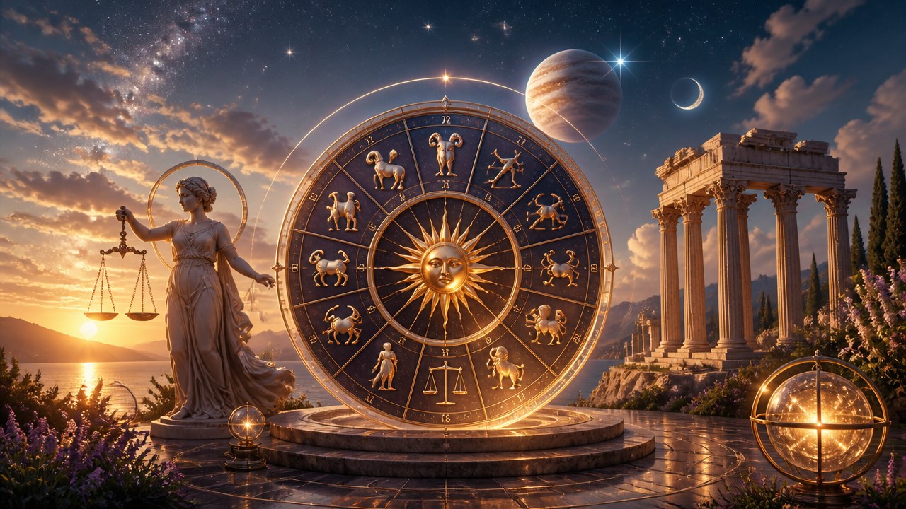 Roda do zodíaco com signos, estátua segurando balança, templo antigo e céu ao entardecer