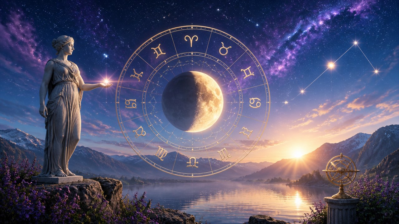 Estátua feminina segurando luz diante de céu estrelado com signos do zodíaco e lua ao pôr do sol