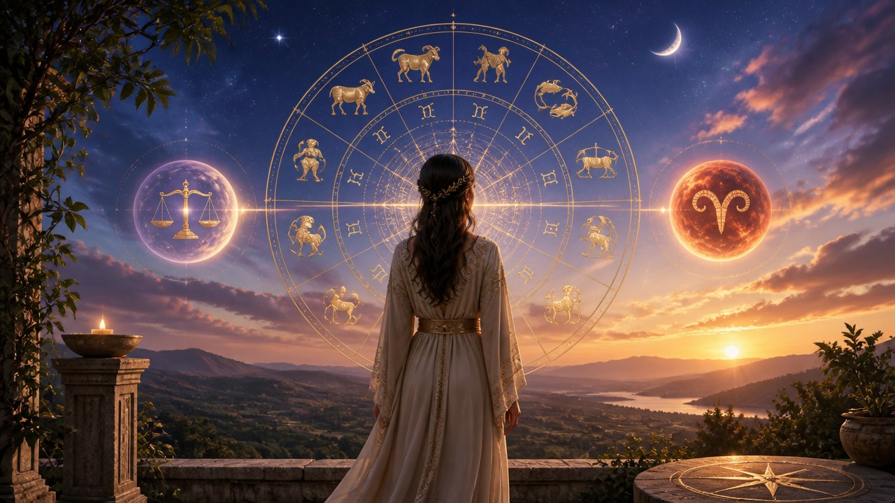 Mulher de costas olhando para roda dos signos do zodíaco com céu ao pôr do sol ao fundo